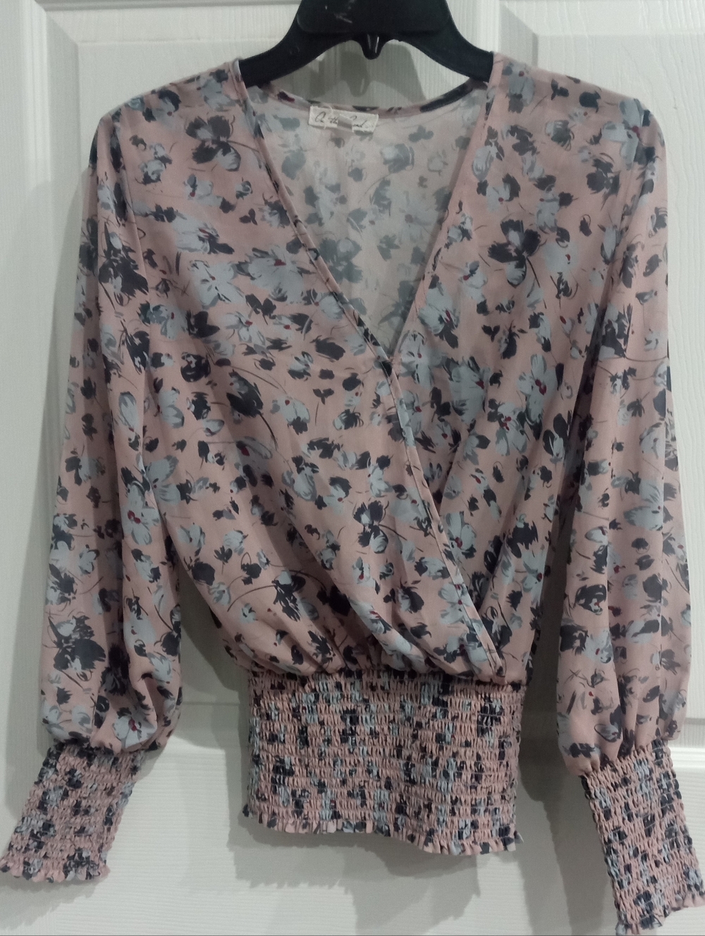 On The Road Pink Floral Wrap Blouse with Smocked Hem